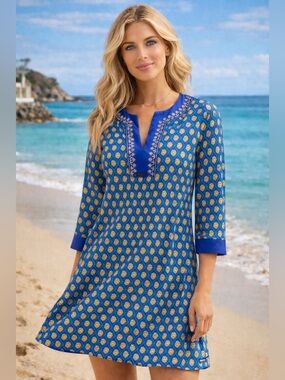 Cabana Life Blue & Gold Printed Tunic Dress | Size Small